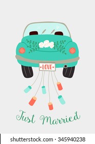 vector illustration of a cute wedding car decorated with roses and Just married text