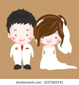 vector illustration of cute wedding couple groom and bride cartoon character, suit for wedding invitation, cute sticker 