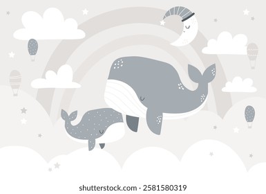 Vector illustration of cute whale and whale baby in clouds, moon, balloons, stars and rainbow. Beige gentle design for children's bedroom. Kids wallpaper design. Baby room design, wall decor, mural.