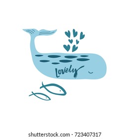 Vector illustration, cute whale and fishes.