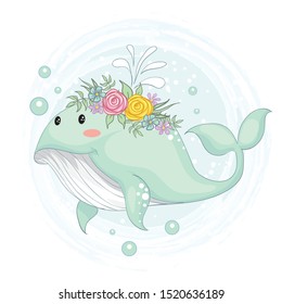 vector illustration of a cute whale with a flower crown hand draw.