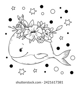 Vector illustration of a cute whale with flowers in doodle handdraw style