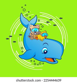 Vector illustration of a cute  whale   , playing with friends , animal cartoon style