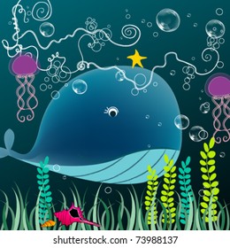 Vector illustration of a cute whale swimming in the ocean