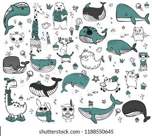 Vector illustration with cute whales and other ocean and sea underwater inhabitants