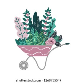 Vector illustration of cute wheelbarrow with hand drawn exotic and modern flowers and leaves in trendy style. Gardening concept