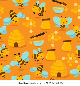 A vector illustration of a cute whimsical happy honey bee theme seamless pattern with golden yellow colored background. 