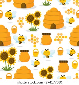 A vector illustration of a cute whimsical happy honey bee theme seamless pattern background.