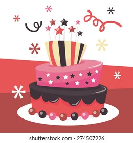 A vector illustration of a cute whimsical tier mad hatter fondant icing birthday cake.