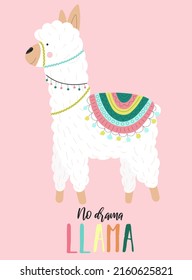 Vector illustration of a cute white alpaca in clothes with national motives with an inscription No drama llama on a pink background. Image for children, cards, invitation, print, textiles.