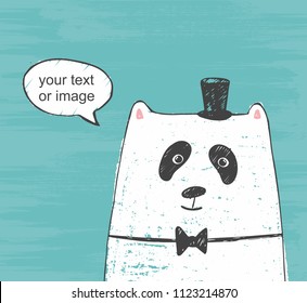 Vector  illustration of cute white bear with hat and bow tie thinking about ... on a scratch background. Picture drawn with colored crayons, pencils and pen. 