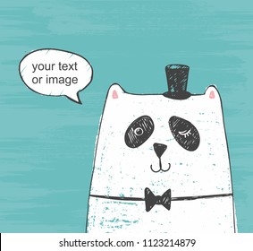 Vector  illustration of cute white bear with hat and bow tie thinking about ... on a scratch background. Picture drawn with colored crayons, pencils and pen. 