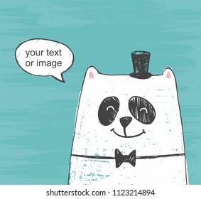 Vector  illustration of cute white bear with hat and bow tie thinking about ... on a scratch background. Picture drawn with colored crayons, pencils and pen. 