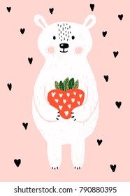 Vector illustration. Cute white bear with strawberry. Postcard for Valentine's day.