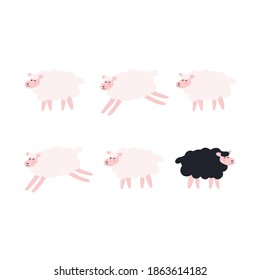 Ilustración vectorial de ovejas lindas blancas y negras aisladas en fondo blanco.