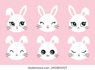 Vector illustration of cute white bunny, rabbit, hare. Cutie animal portraits in pastel pink white colors. Stickers, wall art, kids room decoration, easter decoration, print, design, decor, poster. 