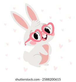 Vector illustration of a cute white bunny wearing heart-shaped glasses, surrounded by small hearts. Perfect for Valentine's Day, love-themed designs, greeting cards, and children's illustrations.