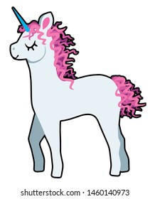 Vector illustration of a cute white cartoon unicorn with pink curly mane, isolated drawing for children