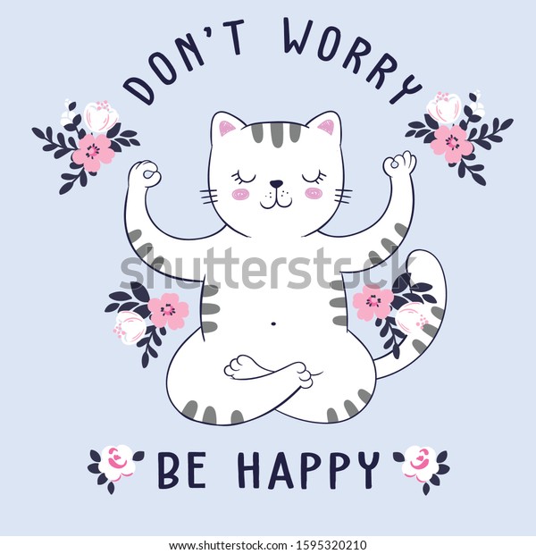 文字が入った可愛い白い猫のハスポジションのベクターイラストは 安心して楽しみ 花枠 花柄 カート Tシャツやパジャマのファッションプリントに使える のベクター画像素材 ロイヤリティフリー
