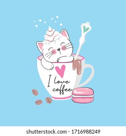 Vector illustration of cute white cat sitting inside a cup of hot cocoa with cream topping in his head, biscuit, lettering I love coffee, heart, elegant spoon, bubbles