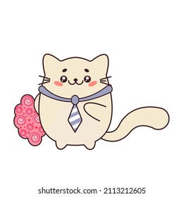 Ilustración vectorial con un lindo gato blanco con un ramo de rosas al estilo de kawaii. Un gato con corbata y flores. Un gato con un regalo