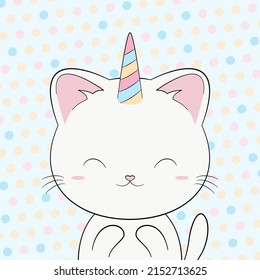 Vector illustration of a cute white cat with unicorn horn in kawaii style. Sweet kitty like unicorn on light blue background with colorful dots.