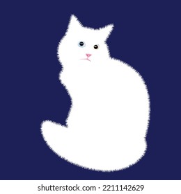 Vector illustration of a cute white cat happy with yellow and blue eyes on purple background.