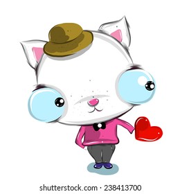 vector illustration of cute  white cat  in love  cartoon drawing style