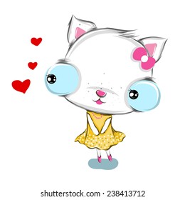 vector illustration of cute  white cat  in love  cartoon drawing style
