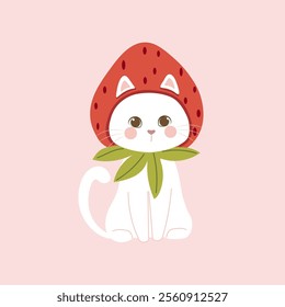 vector , illustration of a cute white cat with strawberry hat  