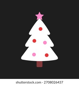 Ilustración vectorial de lindo árbol de Navidad blanco con adornos rojos y rosados y una estrella rosa en la parte superior, aislado sobre fondo negro. Lindo elemento festivo de vacaciones en estilo plano.