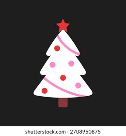 Vector illustration of cute white Christmas tree with pink and red decorations, pink garland, and a red star on top, isolated on black background. New year festive holiday clipart in flat style.