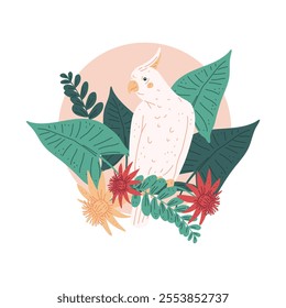 Vector illustration with cute white cockatoo parrot among tropical leaves on round background. Exotic bird. Fauna. Flat cartoon style. Isolated background.