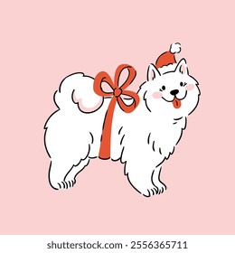 Vector illustration with cute white dog. Christmas greeting card design in hand drawn style. Christmas gift, comic dog with red bow illustration on pink background