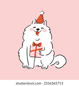 Vector illustration with cute white dog. Christmas greeting card design in hand drawn style. Christmas gift, comic dog with red bow illustration on pink background