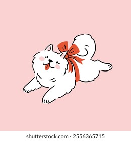 Vector illustration with cute white dog. Christmas greeting card design or Valentines day card in hand drawn style. Christmas gift, comic dog with red bow illustration on pink background