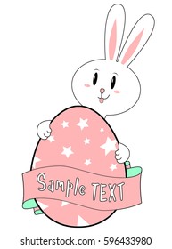 Vector illustration of cute white easter bunny behind the colored egg and ribbon with text 