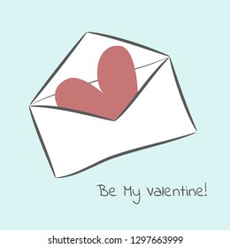 Vector illustration with cute white envelope, red heart and Be My Valentine! phrase on blue background. Romantic Heart in an envelope. Perfect for greeting cards, posters, scrapbooking and other.EPS10