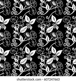Vector illustration of cute white flowers pattern on the black background. Pattern with black and white colors.