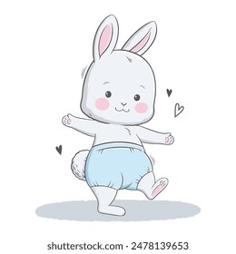 Vector illustration of cute white gray bunny, rabbit, hare taking its first steps. Cute animal portrait in pastel colors. Stickers, wall art, baby shower, kids room decoration, print, design, poster.