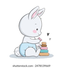 Vector illustration of cute white gray sitting bunny, rabbit, hare. Cute animal portrait with a toy in pastel colors. Stickers, wall art, baby shower, kids room decoration, easter decoration, print.