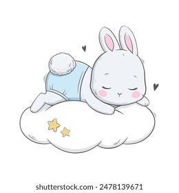 Vector illustration of cute white gray bunny, rabbit, hare sleeping on a cloud. Cute animal portrait in pastel colors. Stickers, wall art, baby shower, kids room decoration, easter decoration, print.