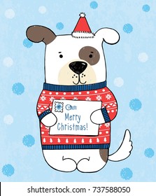 Vector illustration of cute white hand drawn sketch dog in red polka dot sweater, hat and letter in his hand on scratched grunge background with snowflakes. Fashion card for New Year. Merry Christmas