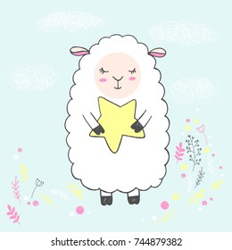 Vector Illustration of cute white hand drawn sketch sleeping sheep among flowers with closed eyes, star in his hands isolated on a blue empty background. Cute card. Good night, sweet dreams
