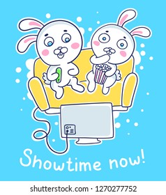 Vector illustration of a cute white rabbit is watching a movie with friend sitting on sofa with popcorn on blue background. Line art style design with text for web, site, banner, poster