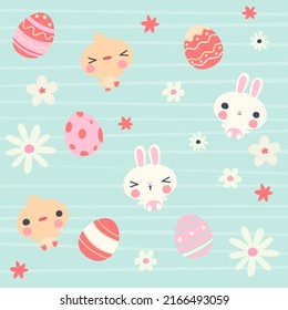 ilustración vectorial de conejo blanco lindo y pollo con colección de huevos de textura en estilo de dibujos animados