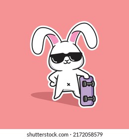 vector illustration of a cute white rabbit carrying a skateboard