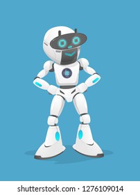 Vector illustration of a cute white robot it is smiling. the robot is standing Isolated On Blue Background. the robot has two screens. the concept is robotic technology