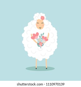 Vector Illustration of cute white sheep with bouquet of flowers isolated on a blue empty background. Cute card. Good night, sweet dreams