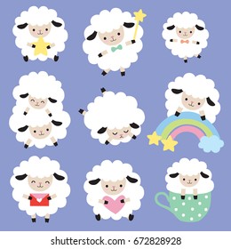 Vector illustration of cute white sheep with heart, star, and rainbow.